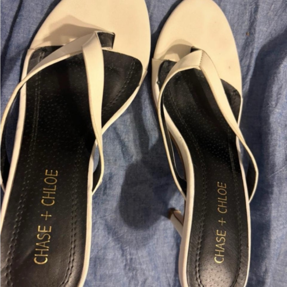 Chase + Chloe white thong kitten heel sandals